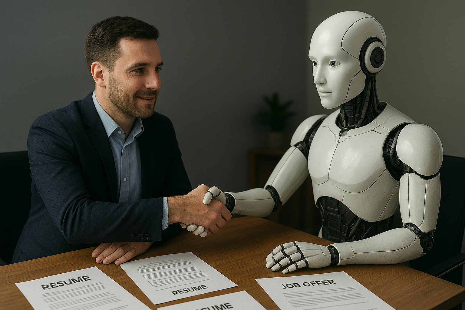 Generative AI in Hiring: Faster, Smarter, Better Talent A human recruiter shaking hands with a humanoid AI robot