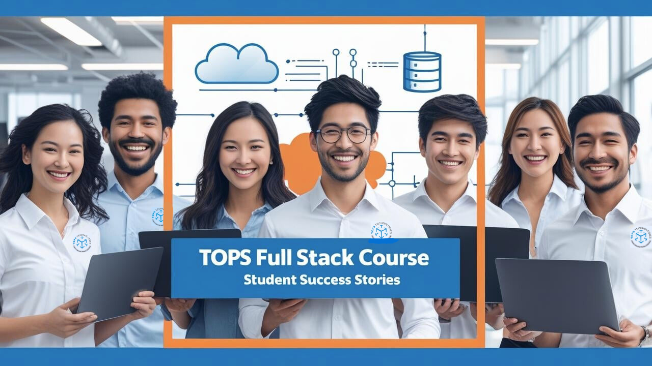 Graduate Success Stories from the TOPS Full Stack Course A modern, bright banner showing diverse graduates smiling with laptops, celebrating success