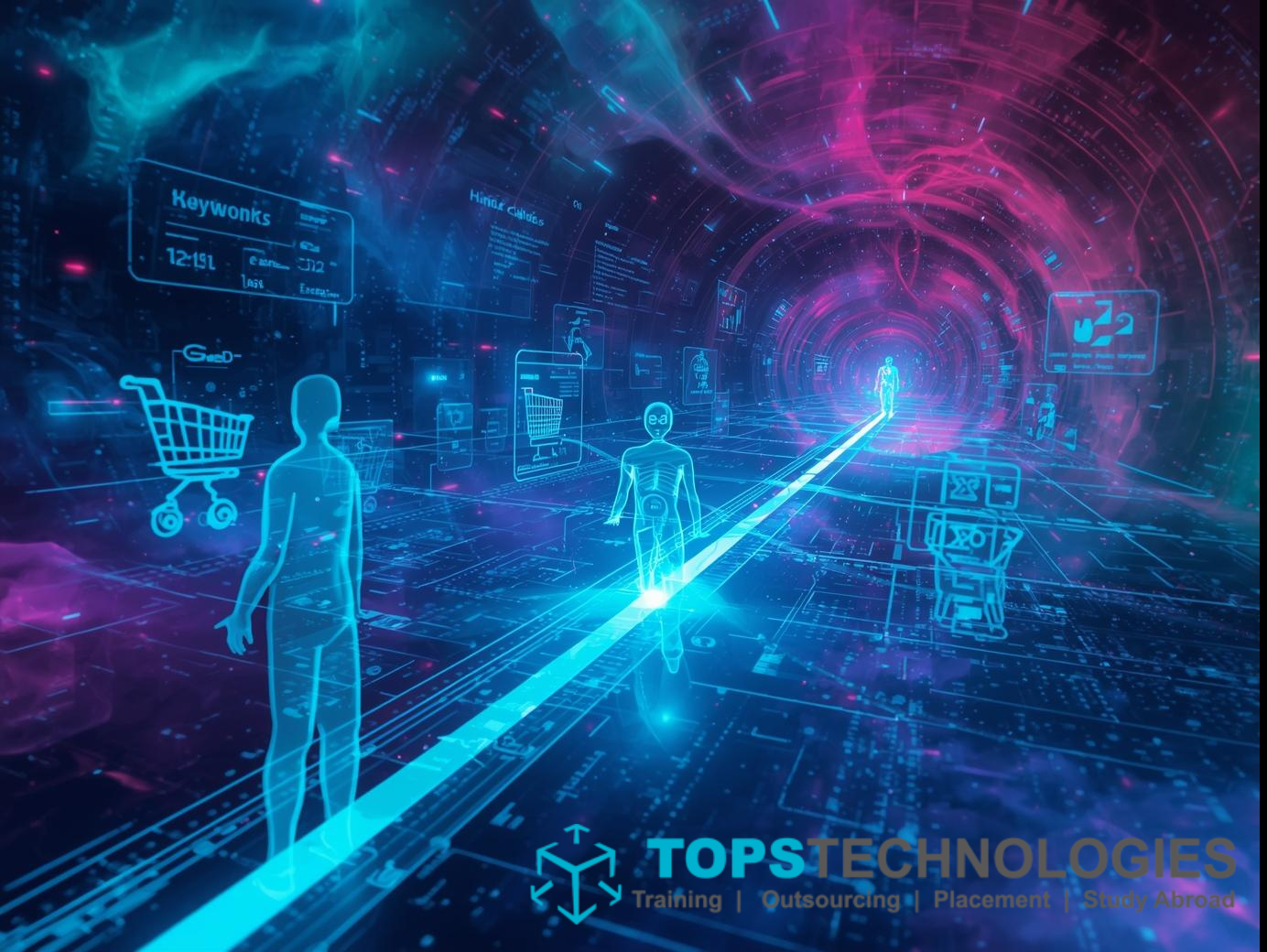Everything About AI in Digital Marketing: 30 FAQs A futuristic digital marketplace floating in cyberspace